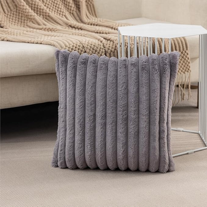 ZLINA Set of 2 Dark Grey Faux Fur Decorative Throw Pillow Covers Fluffy Striped Pillowcase Cushion Covers 22 x 22 Inch Decor Sofa Couch Bedroom