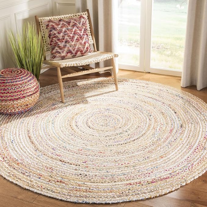 SAFAVIEH Area Rug 7' Round - Cape Cod Collection - Beige & Multi, Handmade Jute & Cotton, Woven Braided Design (CAP202B)
