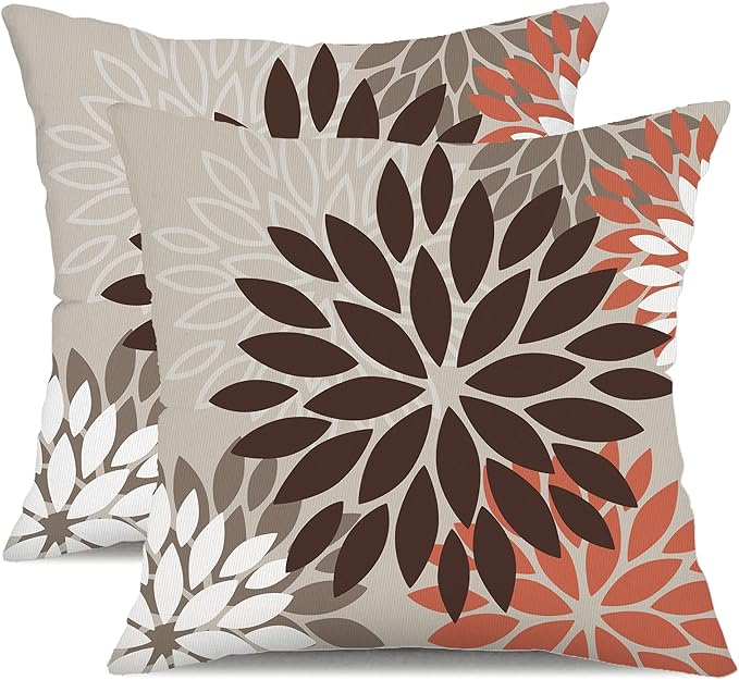 DFXSZ Brown Red Orange Pillow Covers 18x18 Inch Set of 2 Flower Throw Pillows Outdoor Waterproof Decor for Living Room Couch Patio Funiture Garden Modern Floral Polyester Pillow Covers 002A18