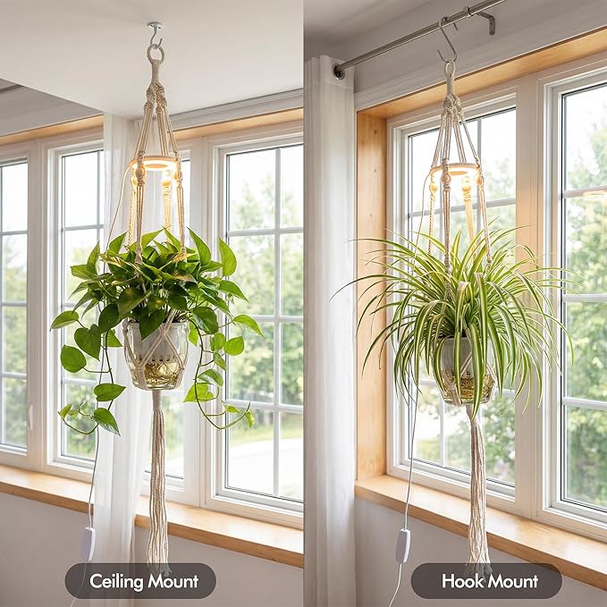 Hanging Plant Grow Lights for Indoor Plants with Timer, Wall Mounted Full Spectrum Pendant Growing Light with Macrame Plant Hanger, Ceiling LED Planta Luz for Potted Plants Home Decor