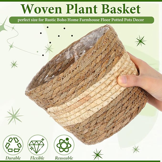 12 Pcs Seagrass Plant Basket with Plastic Liners Woven Stylish Planter Baskets Bulk Indoor Outdoor Plants Woven Wicker Baskets for Flower Pots Cover and Room Decor Small (Small,Bohemian)
