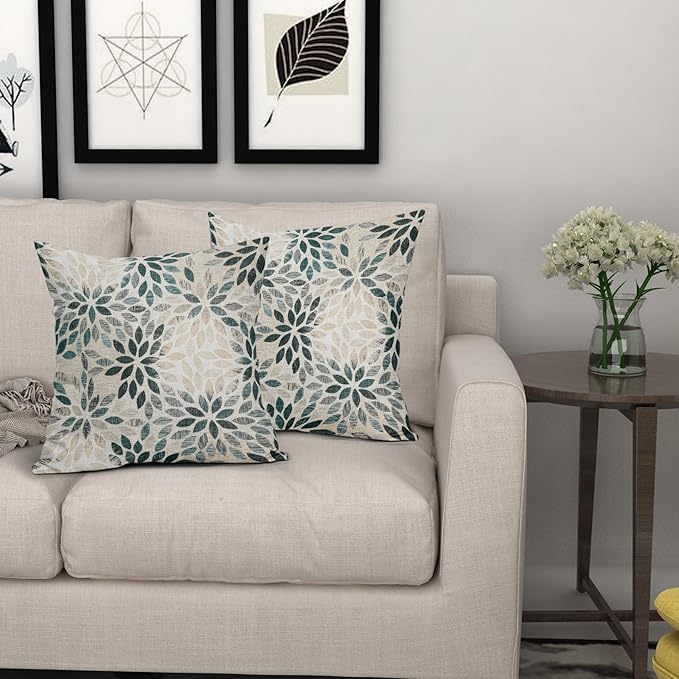 Kawani Teal Dahlia Throw Pillow Covers 20x20 Inch Turquoise Geometric Flower Decorative Square Pillow Cases Beige Tan Gray Floral Cushion Covers Farmhouse Home Decor for Sofa Couch Outdoor Set of 2