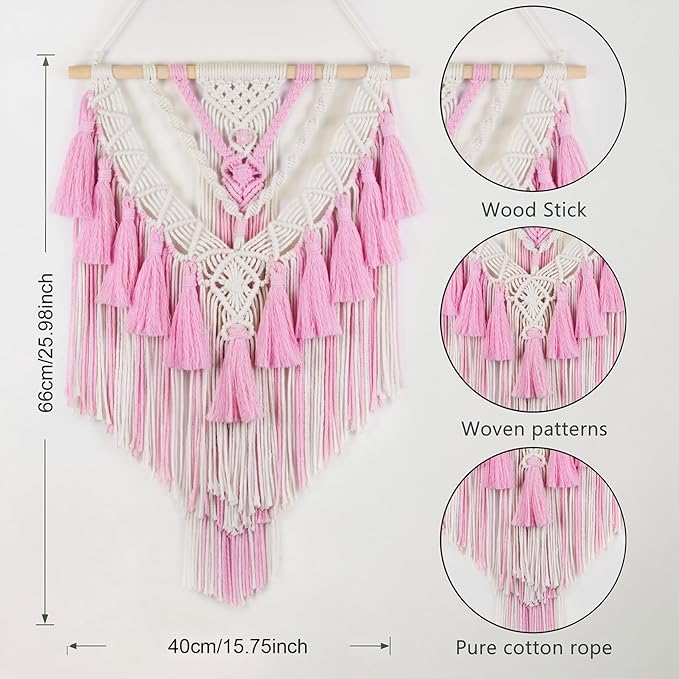 HVEST Pink Macrame Wall Hanging Woven Boho Wall Art Handmade Woven Tassel Tapestry, Bohemian Home Decor for Bedroom Living Room Apartment Nursery Backdrop