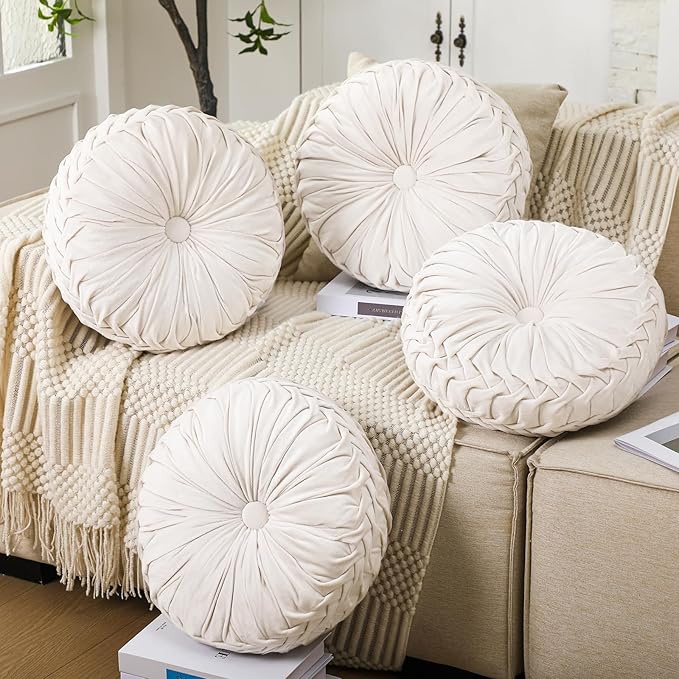4 Pcs Round Throw Pillows 15 Inch Decorative Velvet Pleated Pumpkin Pillows Boho Floor Pillow with Center Button for Living Room Couch Chair Bed Sofa Home Decoration (Ivory)