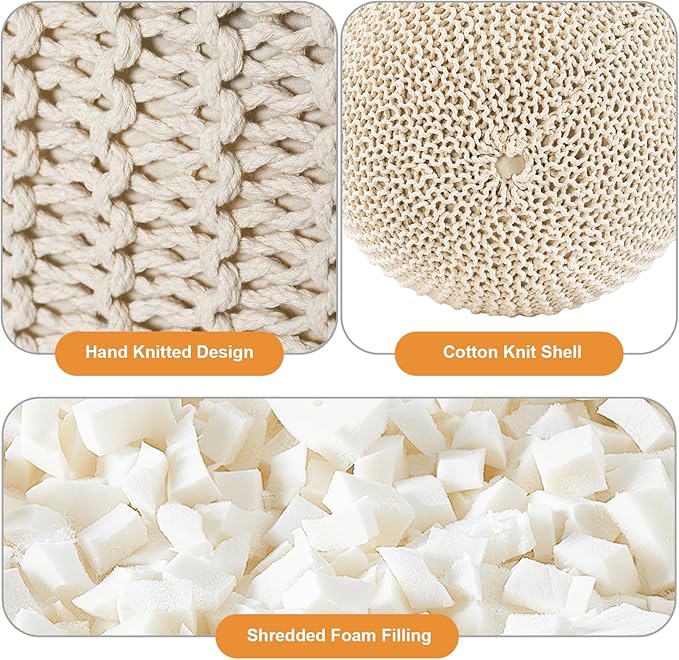 Pouf Ottoman Stuffed Round Modern Foam Filled Foot Rest Poufs for Living Room Chair Decorative 20 X 14 Inches Boho Relax Stool for Wedding Christmas Party, Beige (Beige, 20inch)