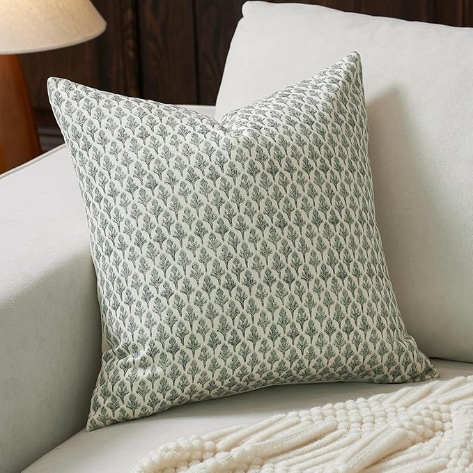 Floral Pillow Covers 20x20 Pillow Cover Block Print Couch Pillows for Living Room Decorative Neutral Accent Throw Pillow Covers, 1PC, Olive Green