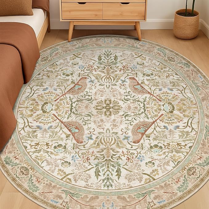 Beige 6ft Round Rug for Living Room - Floral Circle Area Rug for Bedroom Kids Room, Home Office, Washable Low Pile Non Slip, Vintage Beige Taupe Botanical & Bird Pattern, Boho Indoor Décor