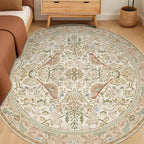 Beige 6ft Round Rug for Living Room - Floral Circle Area Rug for Bedroom Kids Room, Home Office, Washable Low Pile Non Slip, Vintage Beige Taupe Botanical & Bird Pattern, Boho Indoor Décor
