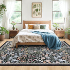6x9 Area Rugs for Living Room: Floral Washable Rug Vintage Large Soft Boho Non-Slip Carpet Indoor Stain Resistant Thin Carpets for Bedroom Dining Room Farmhouse Nursery Hallway Home Office Dark Black