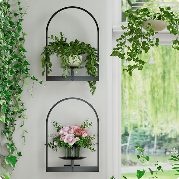 Black Metal Wall Plant Holder - 2-Pack Wall Mounted Plant Stands and Hanging Holders for Indoor Planter and Flower Pot - Arch Decor Shelf for Plant Storage (Pot Not Included)