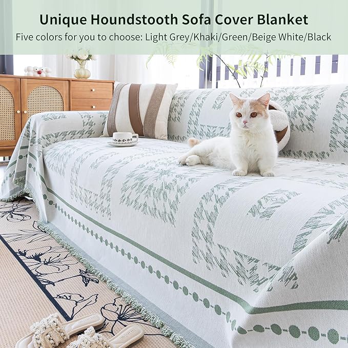 Houndstooth Sofa Covers Washable, Boho Couch Cover for Dogs Washablee, Sofa Blanket Cover, Medium Couch Covers for Recilner&Chair(1pc/Green/71×71")