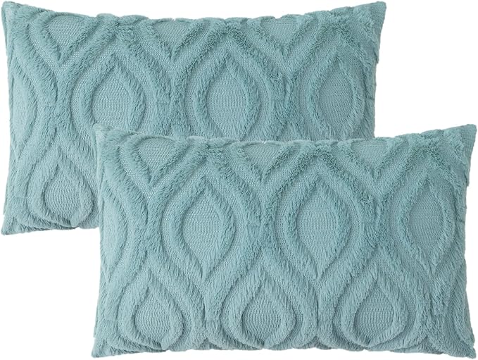 decorUhome Cozy Textured Throw Pillow Covers 12x20 Inch Set of 2, Soft Plush Faux Wool Aqua Accent Couch Pillow Covers for Modern Farmhouse Sofa Bed Living Room