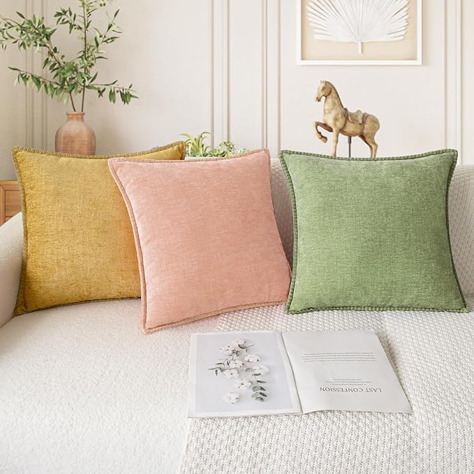 CaliTime Throw Pillow Covers Decorative 18 X 18 Inches Pack of 2 Cotton Thread Stitching Edges Solid Dyed Soft Chenille Cushion Cases for Couch Sofa Bed Living Room Farmhouse Dusty Pink