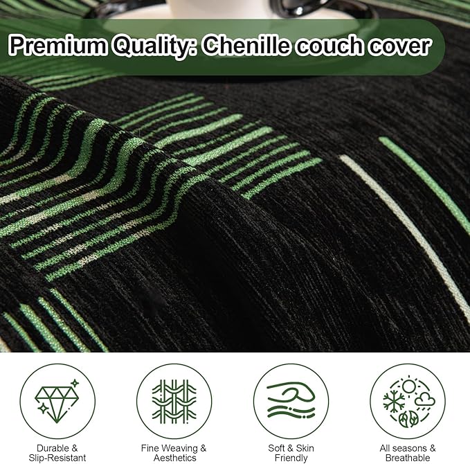 ROOMLIFE Ink Green Sofa Cover, Vintage Boho Couch Cover for 3 Cushion Sofa, Non Slip Chenille Sofa Slipcovers for Dog, Washable Furniture Sofa Protector Cover with Tassel for Living Room, 71''X118”
