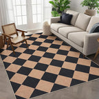 GarveeHome Checkered Easy Jute 3x5 Entryway Rug Machine Washable Outdoor Patio Rug Non-Slip Backing Checkerboard Black Tan Indoor Outdoor Carpet for Hallway Bathroom Kitchen Bedroom