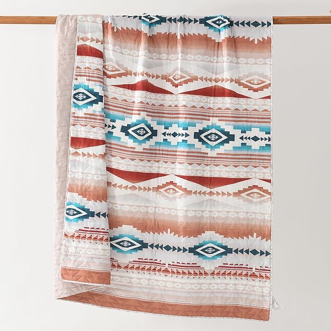 HORIMOTE HOME Southwestern Aztec Quilt Set Queen/Full Size - 3-Piece Tribal Geometric Pattern Bedspread with 2 Pillow Shams, Boho Rustic Bedding Set All Season Quilted Coverlet （Terracotta/Teal）