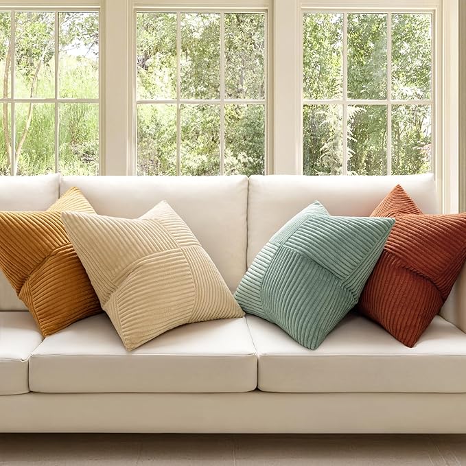 MIULEE Teal-Orange Decorative Throw Pillow Covers 22x22 Inch Set of 4 Boho Corduroy Striped Cushion Cases Modern Farmhouse Patchwork Pillow Cases for Couch Sofa Bedroom Home Decor