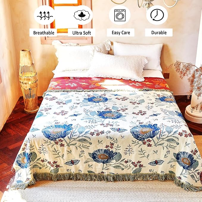 Boho Throw Blanket, 100% Organic Cotton Breathable Ultra Soft Bed Quilt Throw - All Season Floral Bird Butterfly Farmhouse Decor Blanket for Sofa Couch Chair and Gift. 60" x 80"