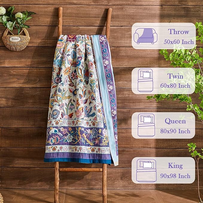 Boho Blanket Soft Muslin Boho Throw Blanket 100% Cotton Blanket All Seasons Reversible Rustic Floral Printed Vintage Rustic Farmhouse Decor Throw for Sofa Couch Chair (White, 90"x98")