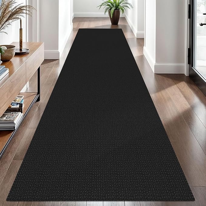 EARTHALL Woven Runner Rug 3x10 Ft Washable Runners for Hallways Long Non Slip Rubber Backed Kitchen Runner Braided Indoor Floor Carpet Runners for Entryway, Hallway, Kitchen, Black/Grey