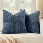 MIULEE Blue Decorative Throw Pillow Covers 18x18 Inch for Couch Bed Sofa Pack of 2 Boho Farmhouse Throw Pillows Soft Cross Corduroy Patchwork Textured Cushion Cases