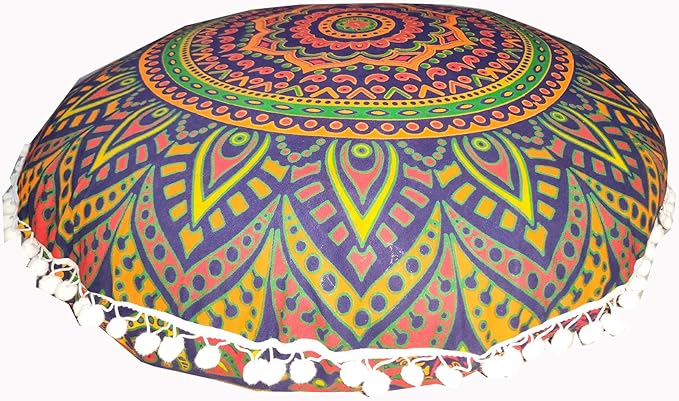 ICC New Blue Ombre 24" Mandala Barmeri Large Floor Pillow Cover Cushion Meditation Seating Ottoman Throw Cover Hippie Decorative Zipped Bohemian Pouf Ottoman Pom Pom Cases 24" Round