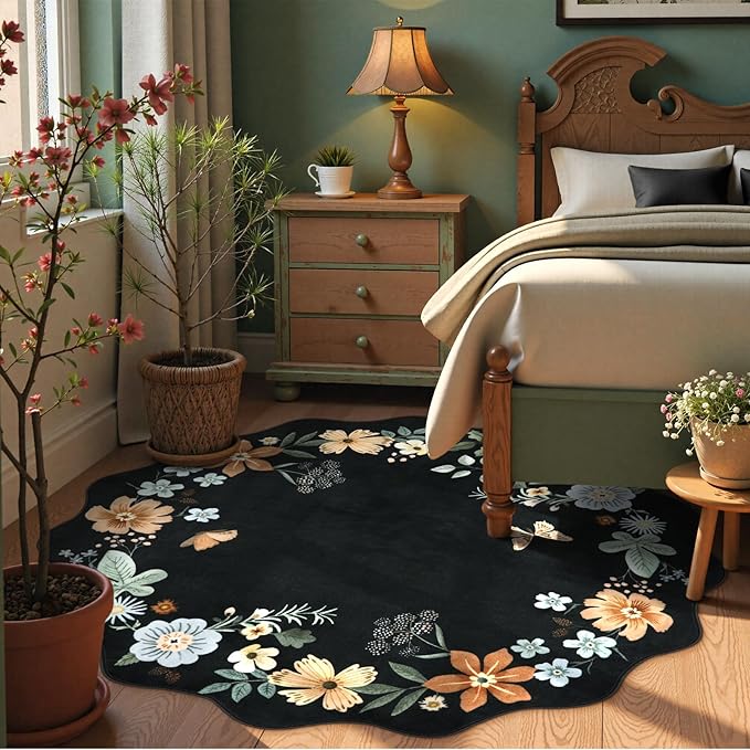 Lahome Floral Washable Round Area Rug, Soft Round Rugs 6ft Ultra-Thin Non-Slip, Boho Large Circle Carpet for Bedroom Living Room Kitchen Nursery Flore, Black/Grey