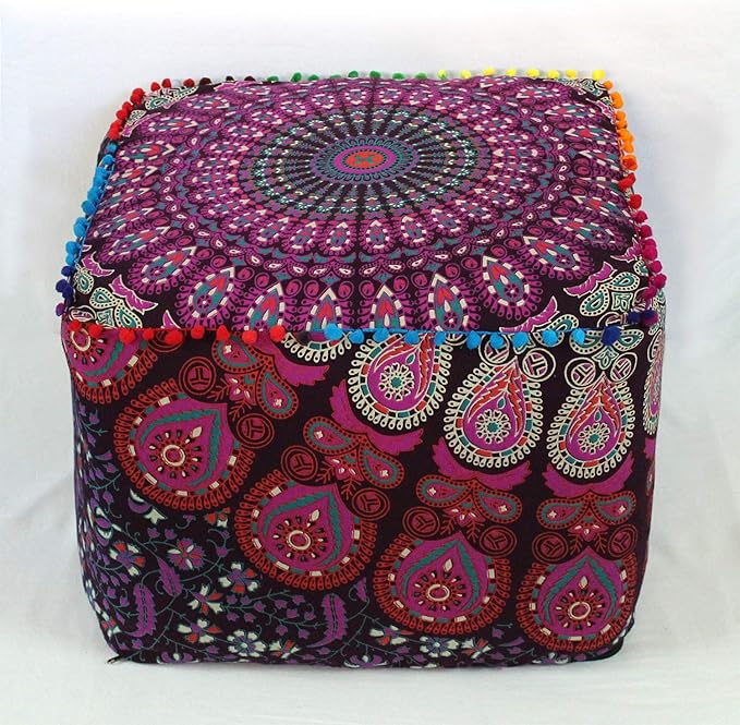 CRAFT KALA Indian Square Patchwork Traditional Pouf Cover Indian Living Room Poufs Cover Decorative Designer Ottoman Home Living Footstool Chair Cover Ottoman Decor 22X22X14 inches, Pink Mirchi