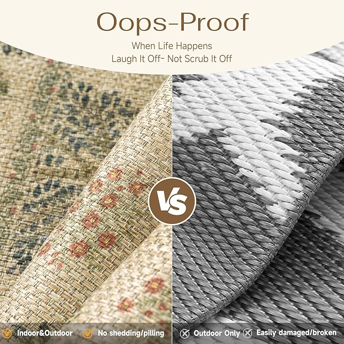 5x7 Easy Jute Outdoor Patio Rug Washable Brown Printed Large Area Rug for Living Room Lightweight Non Slip No Sheding Carpet Balcony Farmhouse Bedroom Backyard Dining Room Deck