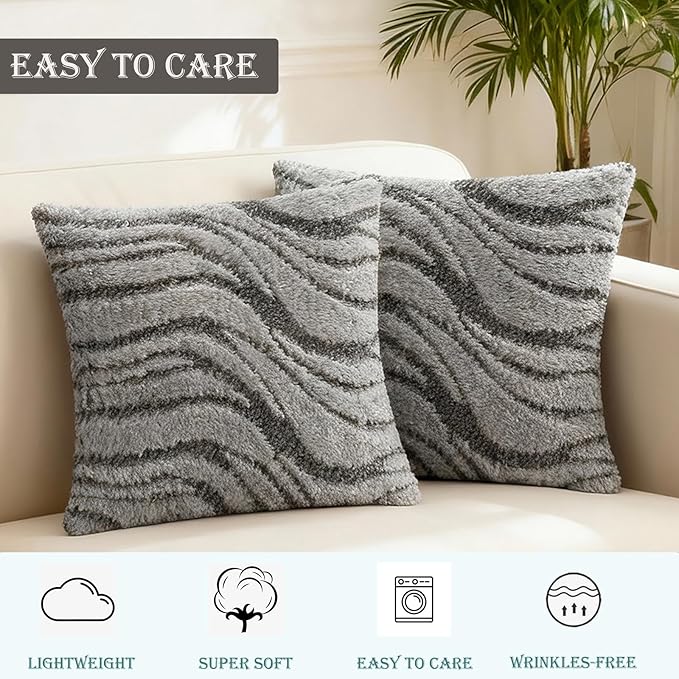Grey Pillow Covers 20x20 Inches Set of 2,Soft Faux Fur Textured Throw Pillow Covers Boho Geometric Reversible Decorative Pillow Covers Home Decor for Couch Bed Livingroom