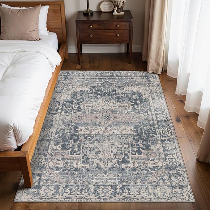4x6 Rug for Living Room Bedroom, Blue Washable Throw Rugs, Vintage Retro Boho Area Rugs, Non Slip & Low Pile Accent Throw Carpet for Indoor Dining Room, Kids Room and Office(Blue 4x6ft)