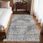 4x6 Rug for Living Room Bedroom, Blue Washable Throw Rugs, Vintage Retro Boho Area Rugs, Non Slip & Low Pile Accent Throw Carpet for Indoor Dining Room, Kids Room and Office(Blue 4x6ft)