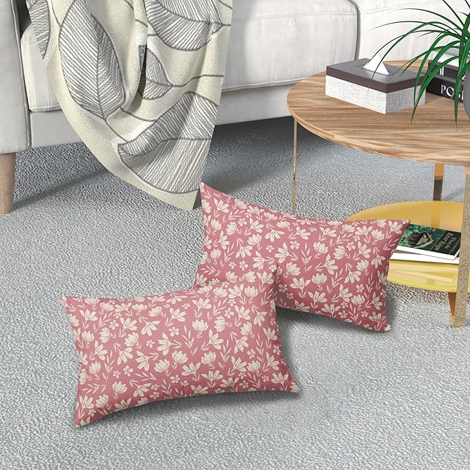 Pink Pillow Covers 12x20 Set of 2 Vintage Floral Rustic Old Style Cute Flower Print Rectangle Decorative Outdoor Pillowcases Seasonal Farmhouse Throw Cushion Case Couch Sofa Bed Decor
