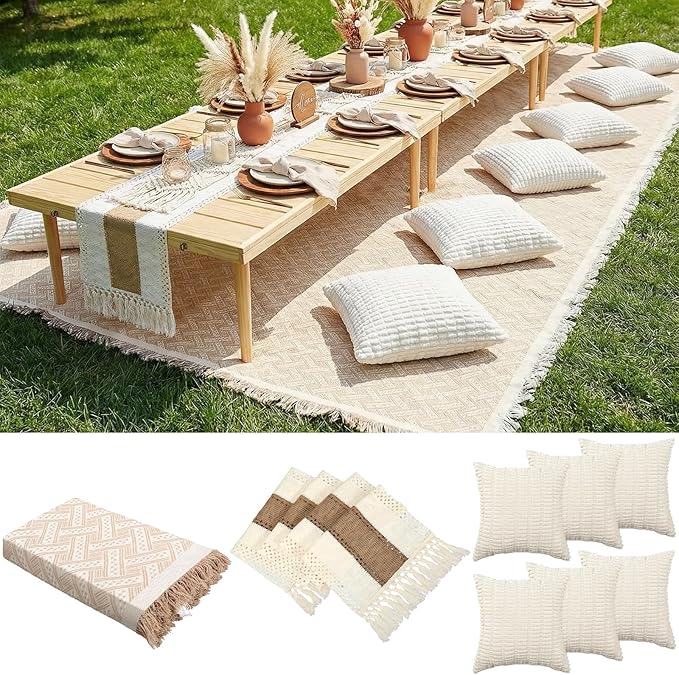 Extra Large Outdoor Boho Picnic Blanket 181'' x 71'' Beige White Table Runner 6 Throw Pillow Cover Woven Cotton Yarn Oversize Beach Blanket Washable for Picnic Camp Wedding