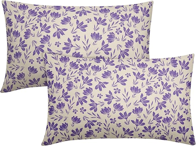 Purple Floral Pillow Covers 12x20 Set of 2 Vintage Rustic Old Style Cute Small Flower Cream Print Rectangle Decorative Outdoor Pillowcases Fall Farmhouse Throw Cushion Case Couch Sofa Bed Decor