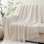 BATTILO HOME Ivory White Throw Blankets for Couch, Off White Lightweight Decorative Blankets and Throws, Boho Warm Knit Blanket for Men and Women, 50"x60"