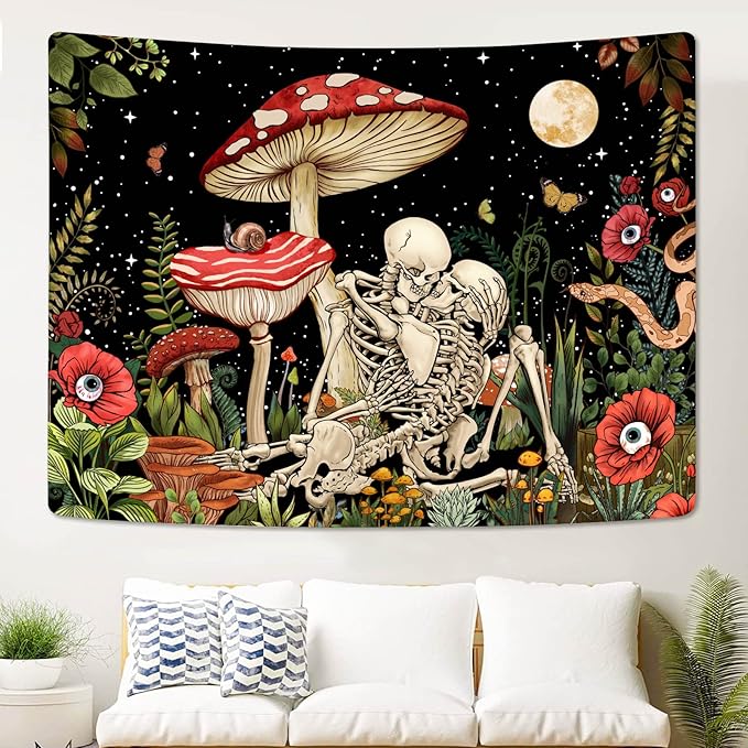 Accnicc Mushroom Skull Tapestry Skeleton Lover Floral Plant Tapestries for Bedroom Aesthetic Cool Nature Moon Star Wall Art for Dorm Living Room Decor (Red, 80'' × 60'')
