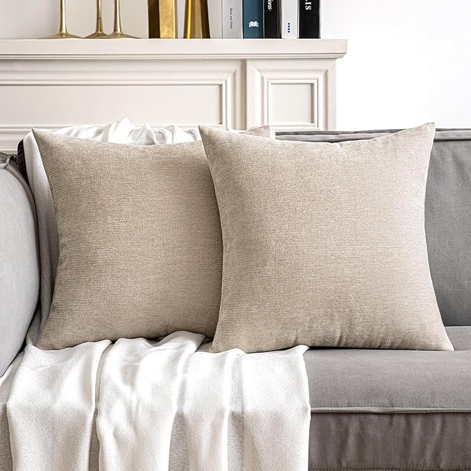 MIULEE Pack of 2 Beige Decorative Pillow Covers 20X20 Inch Soft Chenille Couch Throw Pillows Farmhouse Cushion Covers for Home Decor Sofa Bedroom Living Room