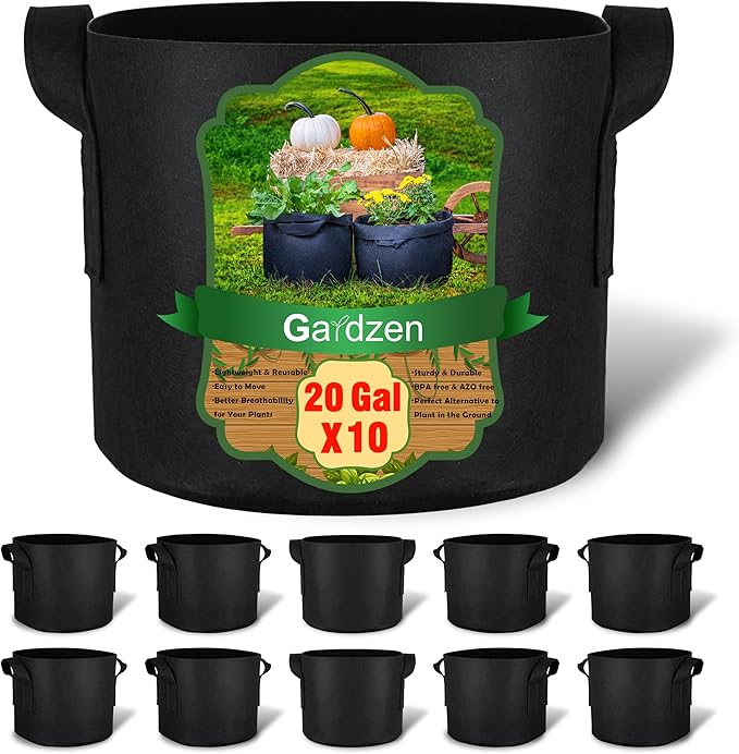Gardzen 10-Pack 20 Gallon Grow Bags, 300G Thickened Fabric Grow Bags with Handles, Heavy Duty Aeration Plant Grow Bags