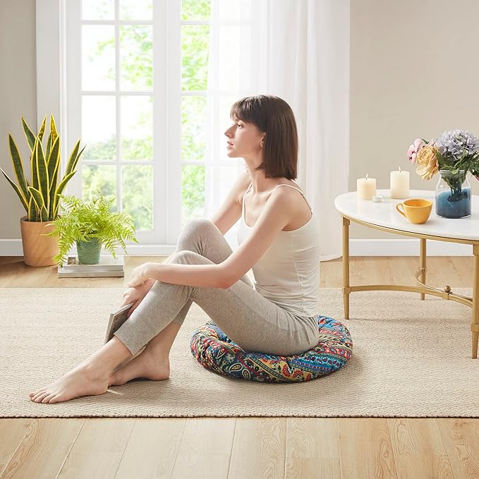 Codi Meditation Floor Pillow, Boho Pillows Seating for Adults and Kids, Large Round Cushion for Yoga Living Room Tatami Sitting, Memory Foam Added, 22x22 Inch, Multi Blaidiere
