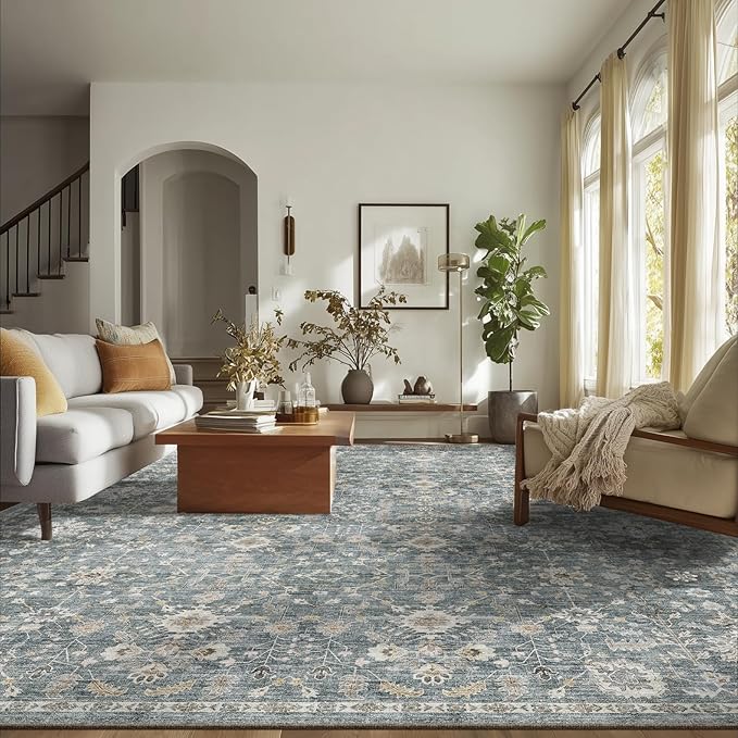 Washable Rugs for Living Room: 9x12 Area Rugs for Bedroom Ultral Soft Non-Slip Stain Resistant Vintage Boho Large Carpet for High-Traffic Dining Room - Farmhouse Decor
