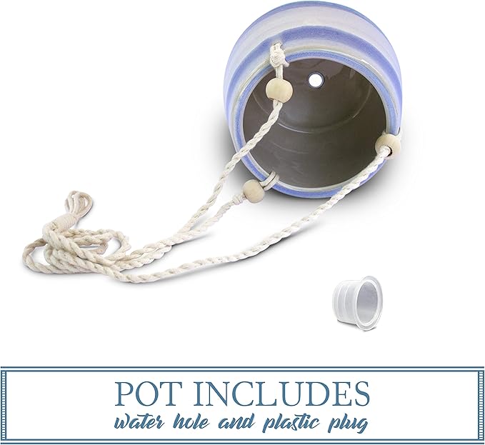 23 Bees Ceramic Hanging Planter | Blue Succulent Pot | Round Plant Holder Container | Cactus Pot with Cotton Rope Hanger | Indoor Outdoor Decor | 6" Diameter x 5" Height | 1 Pack x Blue Horizon