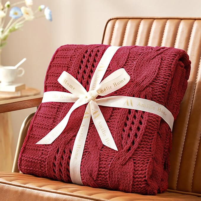 Amélie Home Chunky Knit Throw Blanket, Reversible Soft Chenille Breathable Cable Knitted Blanket for Couch and Sofa, Farmhouse Decorative Throw for Chair, 50"x60", Christmas Red