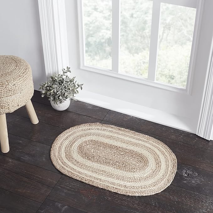 VHC Brands Jute Rug Oval with Pad, Natural and Crème, 20x31