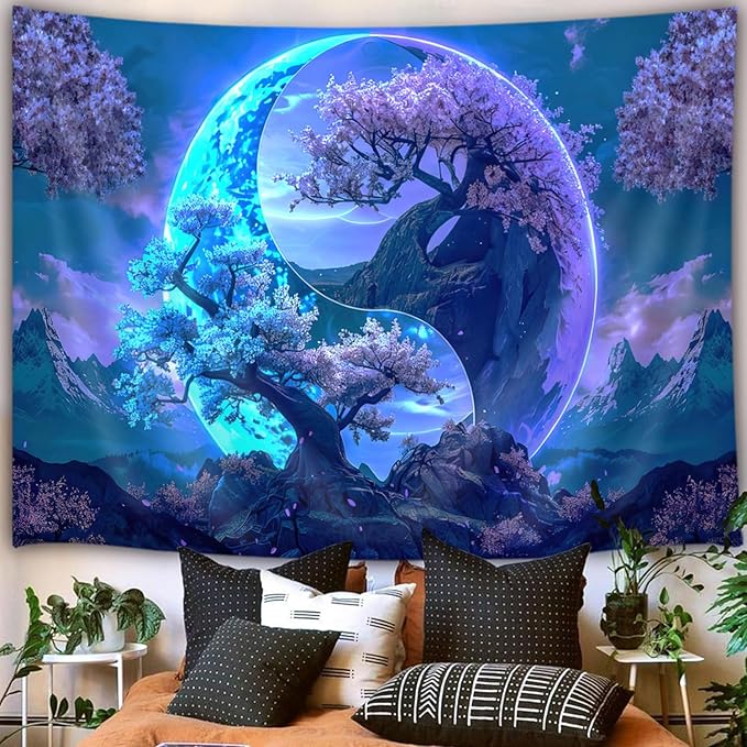 JAWO Tree Life Tapestry Aesthetic, Flowers Sun and Moon Art Tapestry Wall Hanging for Girls Bedroom, Cool Nature Galaxy Yin Yang Anime Tapestries Poster of Dorm Home Decor 71X60 Inches, Blue
