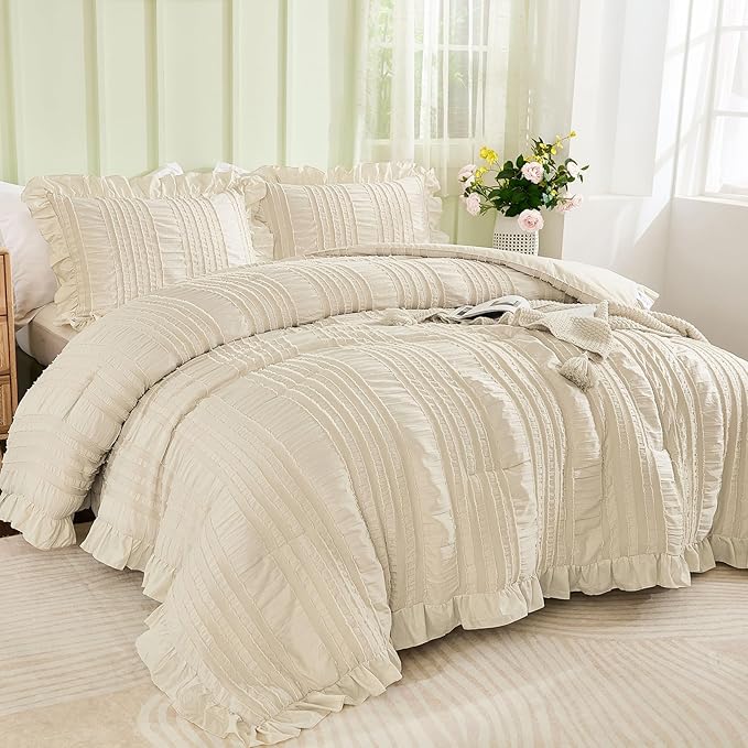 WONGS BEDDING Beige Textured Comforter Set King,3 Pieces Ruffle Farmhouse Shabby Chic Comforter for Queen Bed,Soft Seersucker Boho Bedding Set with 1 Ruffle Comforter,2 Tufted Pillowcases 104"×90"