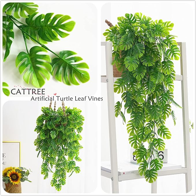 CATTREE Monstera Leaves Artificial Hanging Vines 4 Pack, Fake Ivy Tropical Leafs Green Leaf Plants Greenery Faux Vine Ivy Rattan Ferns for Wedding Garden Home Hawaiian Part Outdoor Décor
