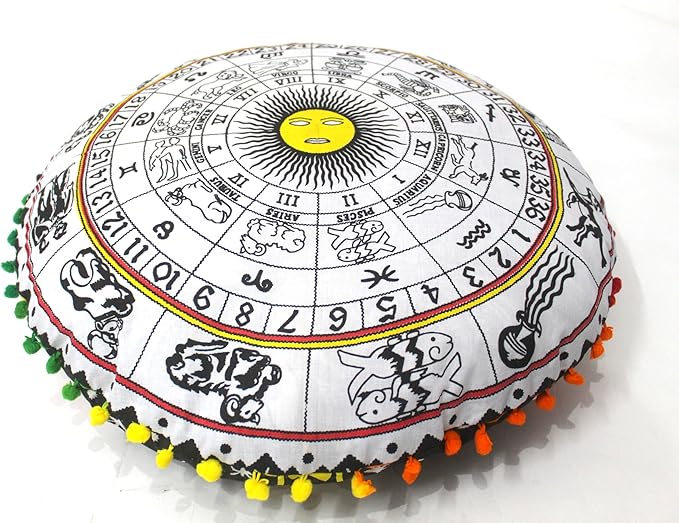 CRAFT KALA Large Round Bohemian Floor Pillow Pouf Cover Mandala Meditation Room Pillow Cover for Adults Boho Seating Poufs Cushion Cover for Kids Playroom 32" Round Yellow and White Zodiac