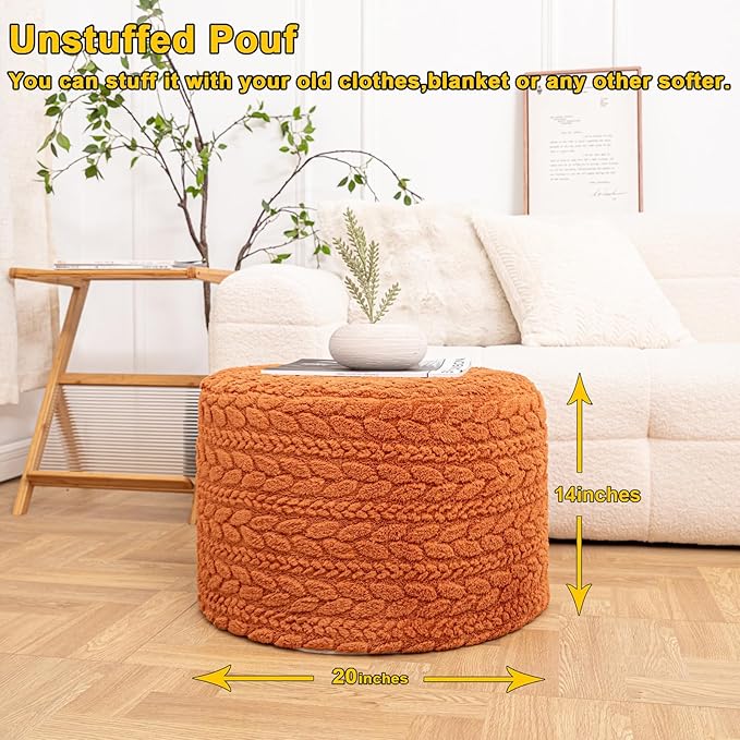 Asuprui 20x14 Inch Unstuffed Ottoman Pouf Cover – Lightweight Foot Rest, Floor Bean Bag Chair, Storage Pouf for Living Room, Bedroom & Balcony (Filler Not Included) (Orange)