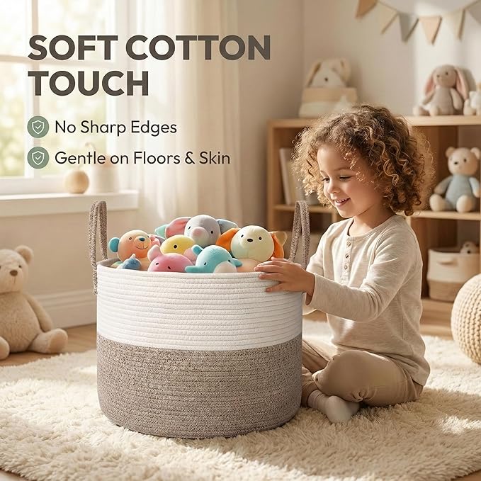 65L Extra Large Blanket Basket for Living Room - Woven Cotton Rope Laundry Hamper with Reinforced Handles - Storage Bin for Pillows, Comforters & Toys - Machine Washable,White&Brown